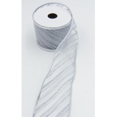 2.5 Inch Wired Christmas Ribbon with Silver Metallic Diagonal Strip on White Organga, 2-1/2 In. X 10 Yds (Lot of 1 Spool) SALE ITEM